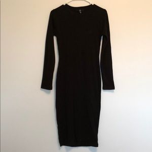 Long sleeve black ribbed midi sheath dress